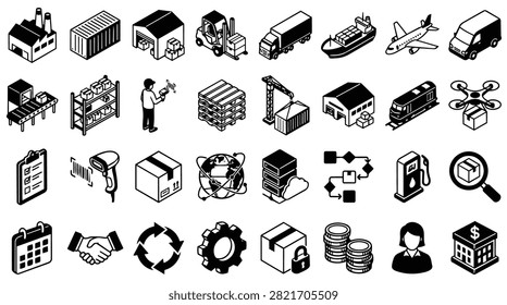 A collection of isometric icons representing various aspects of logistics and supply chain management.