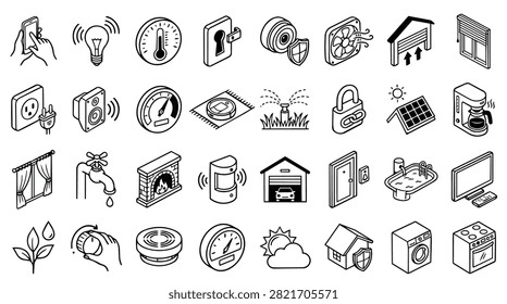 Collection of isometric icons representing various smart home devices and technologies for automation and control