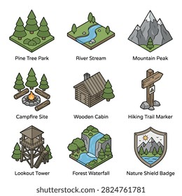 A collection of isometric icons representing various outdoor nature scenes and elements.