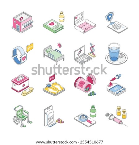 A collection of isometric icons representing various aspects of healthcare
