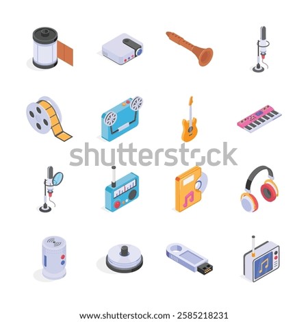 A collection of isometric icons representing various vintage and modern media devices