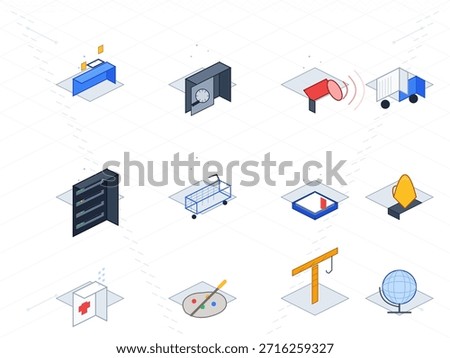 A collection of isometric icons representing various business and technology concepts, connected by dashed lines on a grid background. The icons include a desk, server rack, shopping cart, megaphone, and globe.