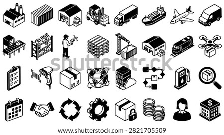 A collection of isometric icons representing various aspects of logistics and supply chain management.