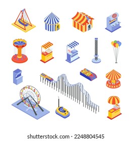 Collection of isometric illustrations depicting a cheerful amusement park in a white background.