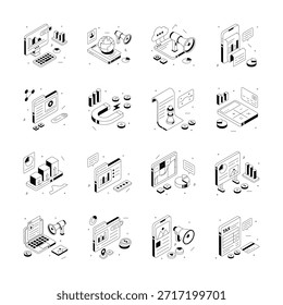 A collection of isometric illustrations depicting different business data visualization and marketing tools.