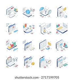 A collection of isometric illustrations depicting different business data visualization and marketing tools.