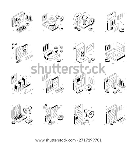 A collection of isometric illustrations depicting different business data visualization and marketing tools.