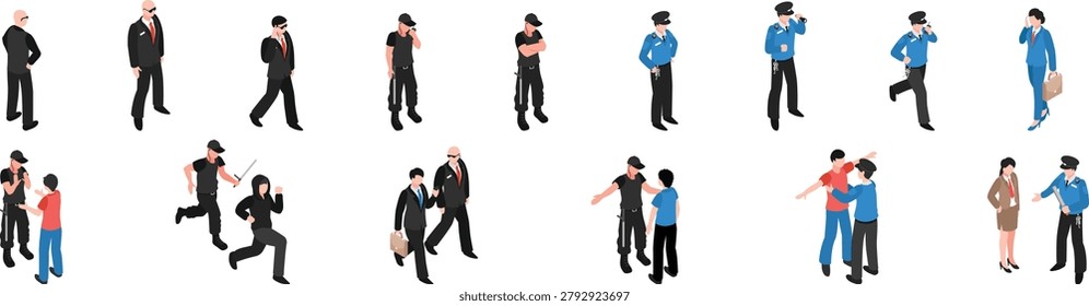A collection of isometric illustrations depicting security personnel and business professionals in different scenarios.Isometric Security Guards and Business People in Various Actions