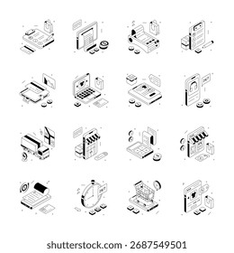 A collection of isometric illustrations depicting various Ecommerce and retail processes