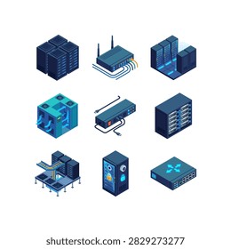 A collection of isometric illustrations depicting various server racks, routers, and networking hardware.