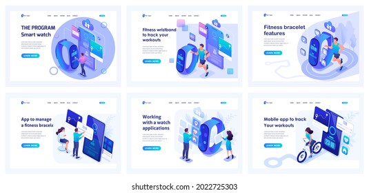 Collection isometric of landing pages in smart technologies. Girl and the man's training, running, measure the pressure, speed, second, distance