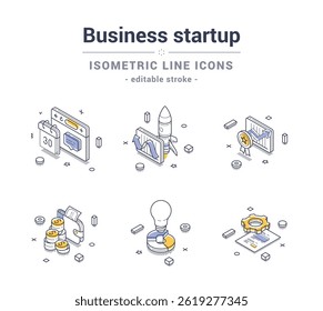 Collection of isometric line icons representing diverse business startup concepts including finance, analysis, innovation, and achievement. Modern vector illustrations set