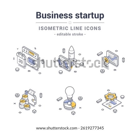 Collection of isometric line icons representing diverse business startup concepts including finance, analysis, innovation, and achievement. Modern vector illustrations set