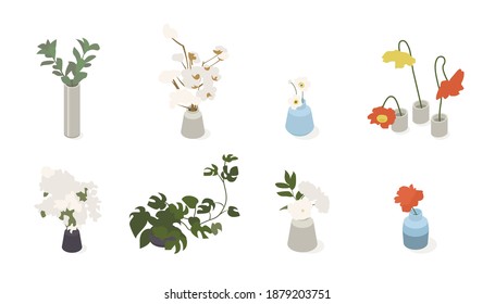 Collection of isometric low poly plants and flowers in various vases. Modern vector illustration.