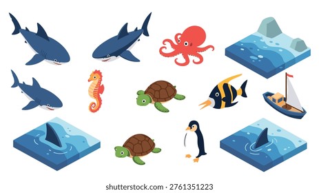 Collection of isometric marine life includes sharks, an octopus, turtles, a penguin, a boat, and small sections of the ocean.