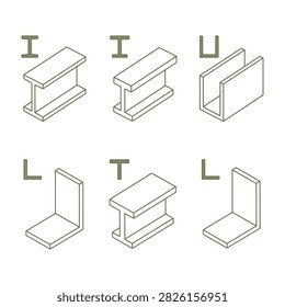 Collection of isometric metal profiles including I-beam, C-channel, angle iron, and T-shape. Technical illustration of steel construction elements for engineering design.