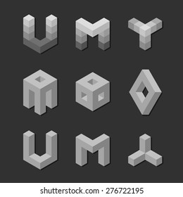 A collection of isometric monochrome abstract shapes to be used as logotype or icon.