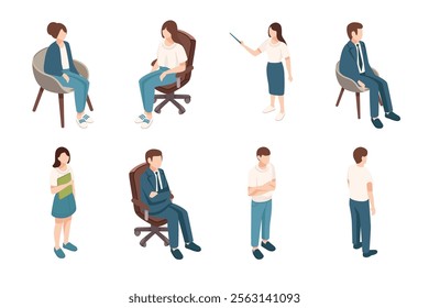 Collection of isometric office people. Male and female faceless character design. Business set of employees. Vector illustration isolated on white background.
