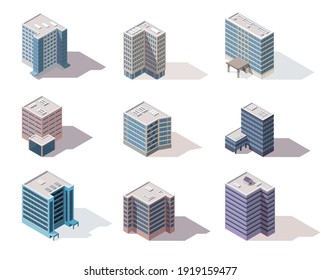 Collection isometric offices. Town apartment building city map creation with street and cars. Architectural vector 3d illustrations. Infographic elements. City house compositions