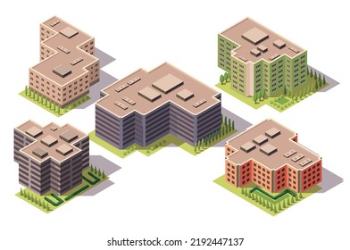 Collection isometric offices. Town apartment building. Architectural vector 3d illustrations. Infographic elements. City house compositions