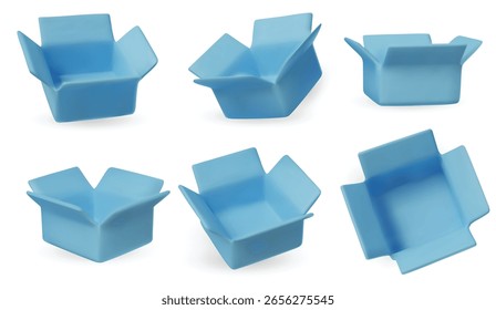Sammlung von isometrischen offenen Kisten auf weißem Hintergrund. Ideal für Lieferung, Versand, Verpackung und Online-Shop-Bilder.