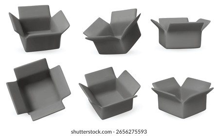 Collection of isometric open boxes on white background. Ideal for delivery, shipping, packaging, and online store visuals.
