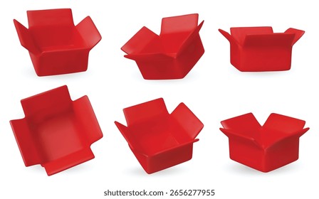 Sammlung von isometrischen offenen Kisten auf weißem Hintergrund. Ideal für Lieferung, Versand, Verpackung und Online-Shop-Bilder.