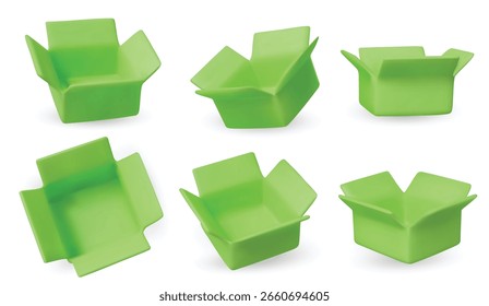 Colección de cajas abiertas isométricas sobre fondo blanco. Ideal para la entrega, envío, embalaje y tienda en línea.