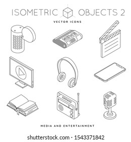 Collection of isometric outline icons of media and electronic equipment like smart speaker, microphone, radio or flatscreen TV set. Entertainment industry concept vector illustration