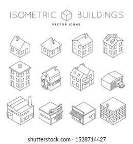 Collection Of Isometric Outline Icons Of A Variety Of Private And Commercial Buildings Like Detached House, Office Buiding, Factory, Tenement. Architecture And Real Estate Concept Vector Illustration