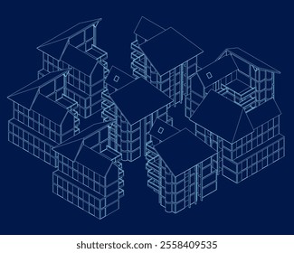 Collection of isometric outline of a variety of private and commercial buildings like detached house, office building, factory, tenement. Architecture and real estate concept vector illustration