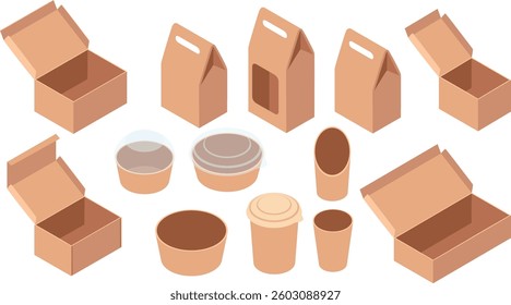 Collection of isometric packaging containers. Fast food takeaway package. Set of cylindrical cardboard tubes and containers. .Vector illustration isolated on white background.