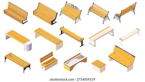 Collection of isometric park benches in different wooden and metal styles, shown on white background. Concept of urban furniture design. Vector illustration