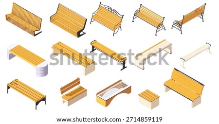 Collection of isometric park benches in different wooden and metal styles, shown on white background. Concept of urban furniture design. Vector illustration