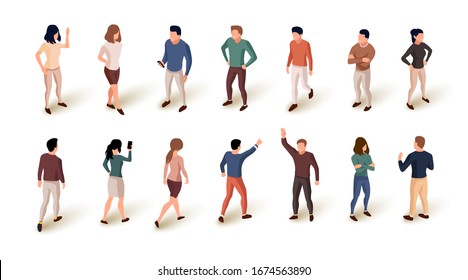 Collection of isometric people isolated over white background. Standing and walking people. Vector illustration