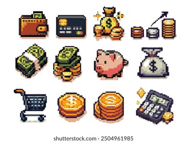 Collection of isometric pixel-art elements illustrating the theme of money and finance. Images of coins and banknotes in cartoon style that are perfect for video game items.