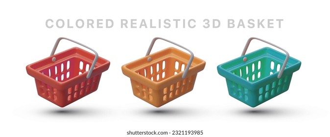 Collection of isometric plastic baskets with handles. Plasticine style shopping carts. Icons for sites, social networks, applications. Empty colored boxes with holes