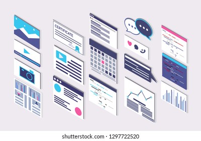 Collection isometric set of office board for data analysis, business, programming, design with many elements.Typography poster, card, label, banner design set with background. Vector illustration.