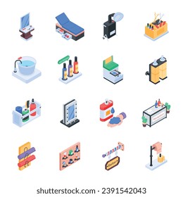 Collection of Isometric Style Barber Tools Icons 

