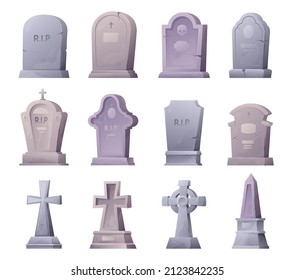Collection isometric tombstones and grave crosses vector illustration. Set traditional cemetery old burial memorials with RIP inscription isolated. Halloween gothic headstones decorative design