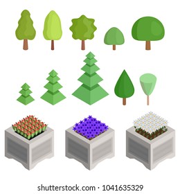 collection of isometric trees and flower beds drawing vector