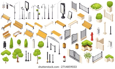 Colección de Elementos de diseño urbanos isométricos que incluyen bancos, luces, vallas y árboles sobre fondo blanco. Concepto de diseño de parque de la ciudad. Ilustración vectorial