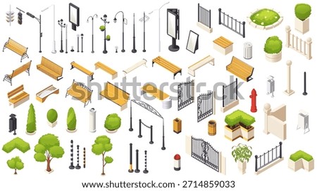 Collection of isometric urban design elements including benches, lights, fences, and trees on white background. Concept of city park layout. Vector illustration