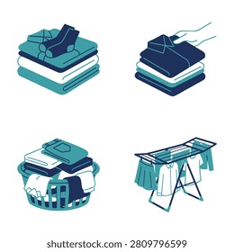 A collection of isometric vector illustrations depicting laundry chores including folded clothes stacks a laundry basket and a drying rack