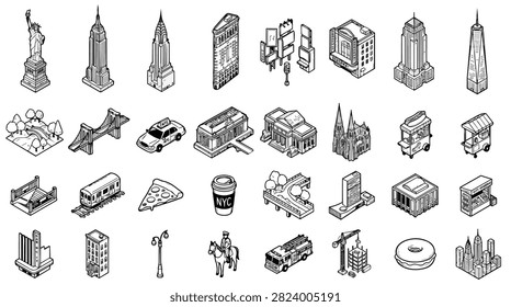 A collection of isometric vector illustrations of iconic New York City landmarks and objects.