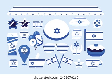 Collection of Israel festive elements, attributes of believer Holiday. Jewish flag, prayer gesture, star sunglasses, star of David, balloons, drink glass. Cartoon vector icons in white blue colors