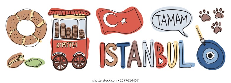 A collection of Istanbul icons, including a simit cart, Turkish flag, and street signs. A colorful illustration celebrating Turkish heritage, food, and urban culture.