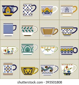 Collection of italian cups with different shapes and decors