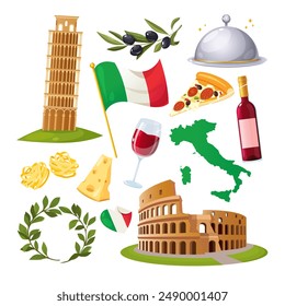 Collection of Italian elements with architectural monuments, dishes and drinks, national flag and map.