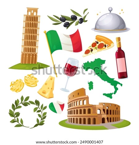 Collection of Italian elements with architectural monuments, dishes and drinks, national flag and map.